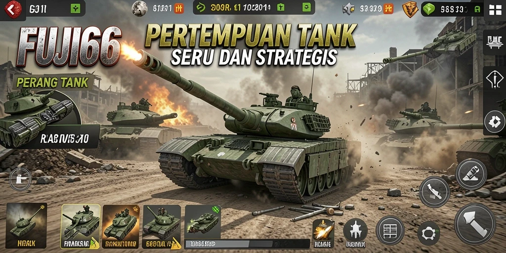 Antarmuka FUJI66 menampilkan grafik pertempuran tank yang mendetail.