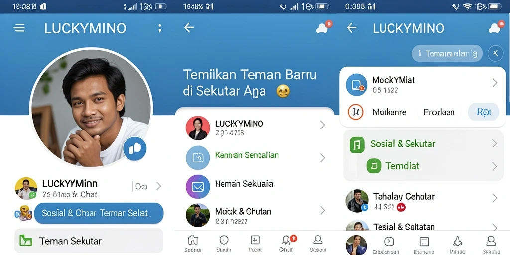 Antarmuka modern LUCKYMINO untuk mencari teman baru.